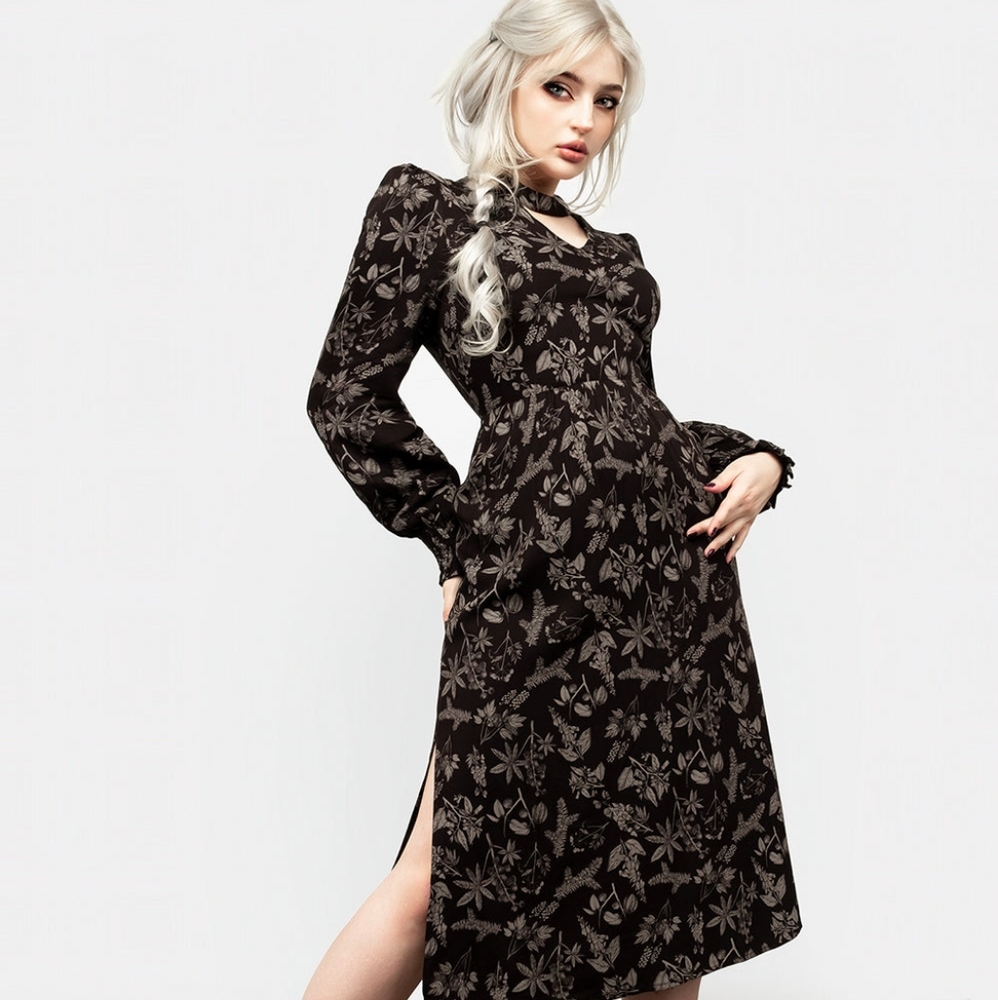 Disturbia Poisonous Plant Puff Sleeve Midi Dress